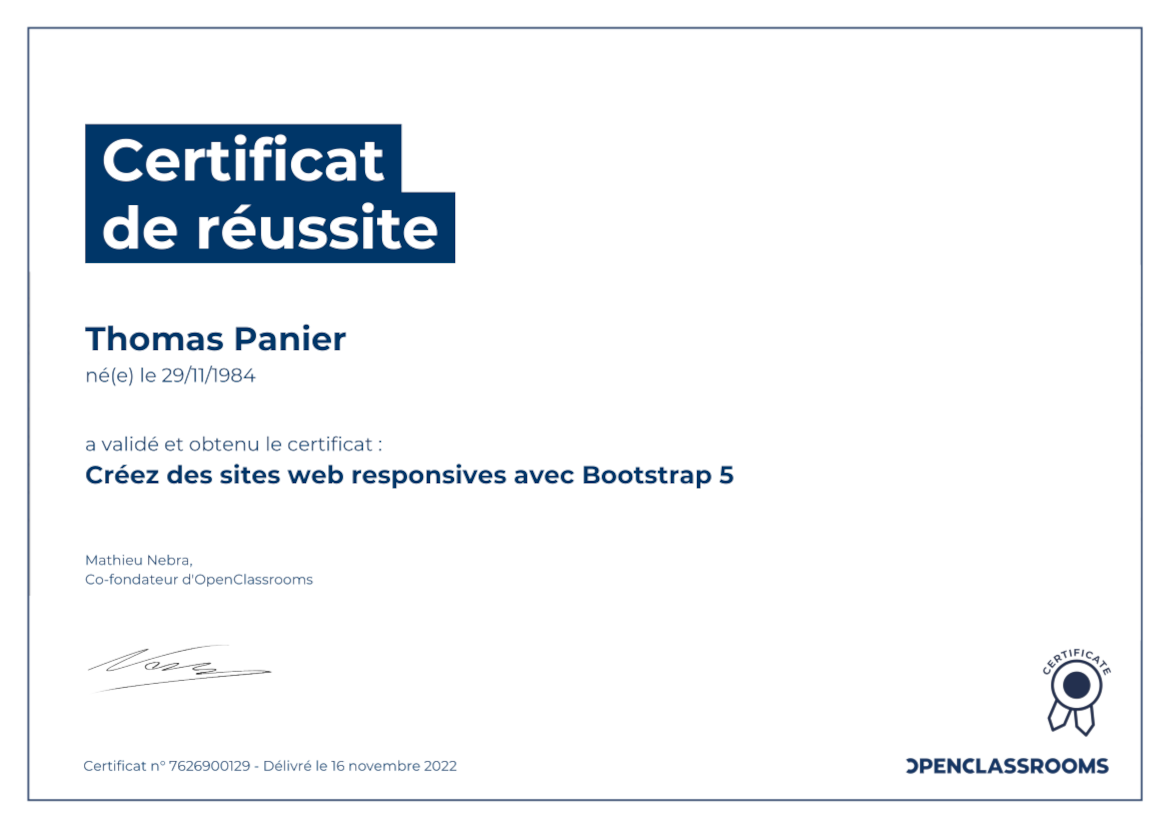 certificat créez des sites web responsive avec bootstrap 5